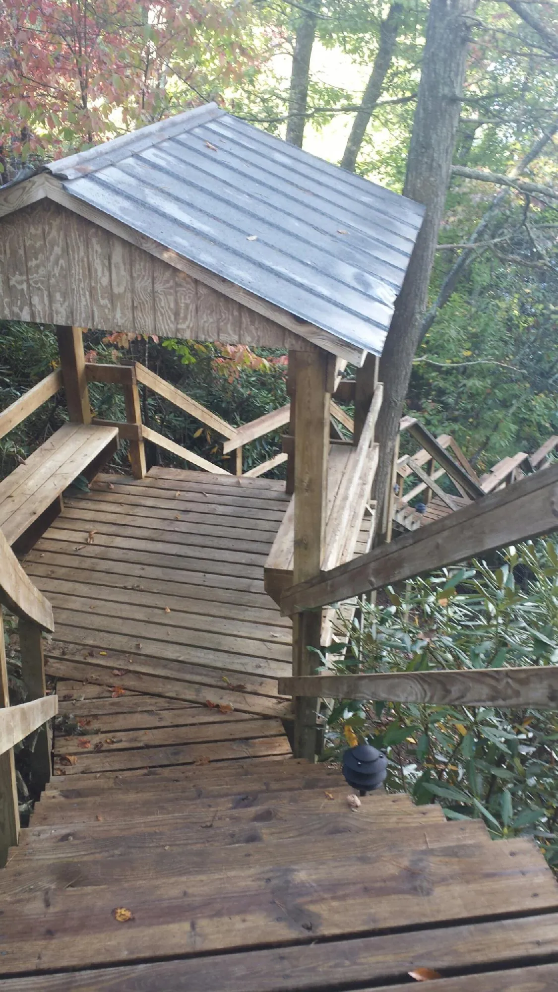 Metal roofed shelter over wooden steps on a wooded walkway — Skylight Repair & Installation work by our crew in Cathlamet